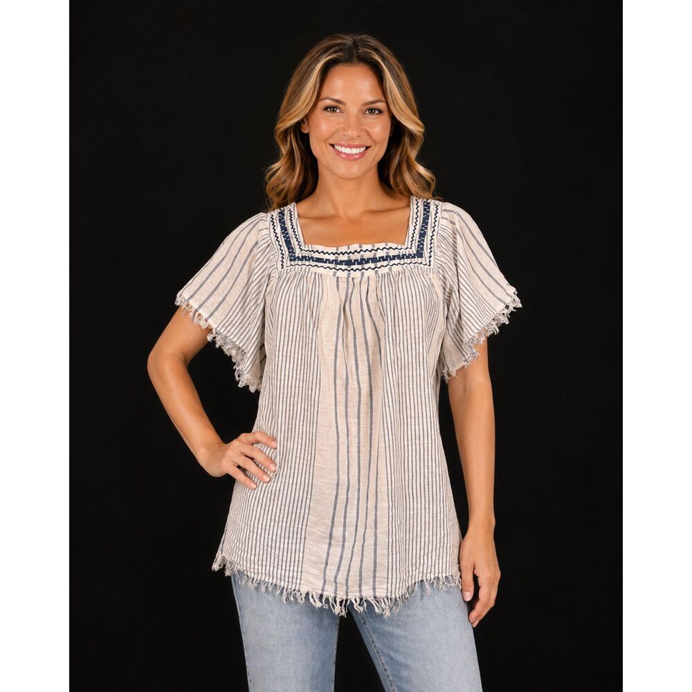 WORLD MARKET Lightweight Women's Cotton Blouse White Blue Stripes Sz S/M